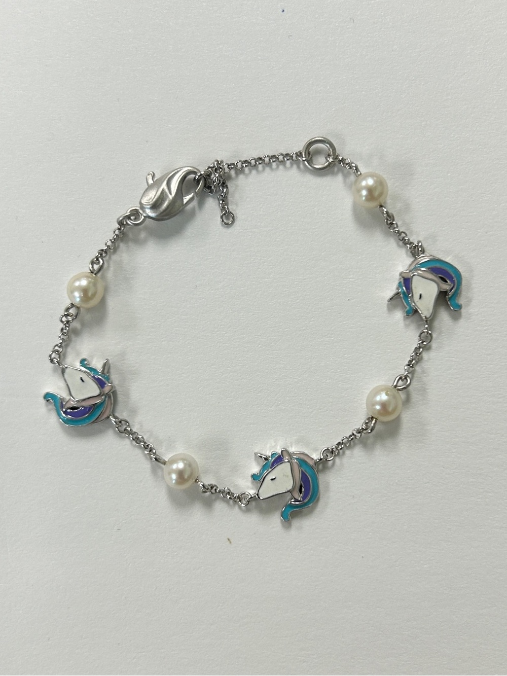 Sterling Silver Unicorn Bracelet with Pearls - Blue Accents